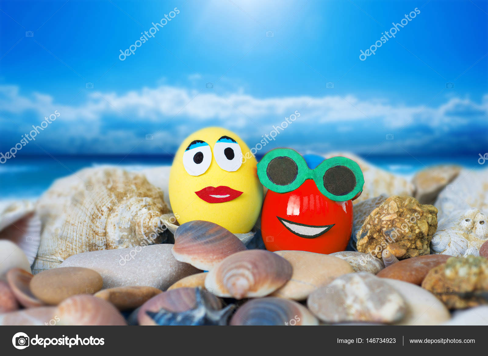 Colorful Easter Eggs Surrounded By Seashells On Ocean Beach Illusion