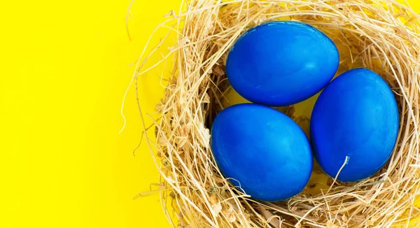 Buona Pasqua Card spazio per il testo. Uova di Pasqua blu e gialle in nido su sfondo rustico in legno, immagine di messa a fuoco selettiva — Foto Stock