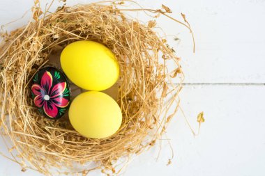 Mutlu Paskalya kartı - metin için yer. Seçici odak resim rustik ahşap arka plan üzerinde yuvadaki yumurta