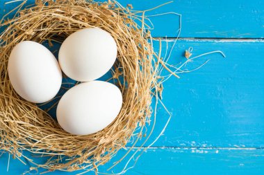 Mavi ahşap arka plan üzerinde yumurta