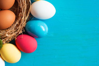 Renkli yumurta yuvada ahşap arka plan, seçici odak resim üzerinde. Mutlu Paskalya kartı - metin için yer