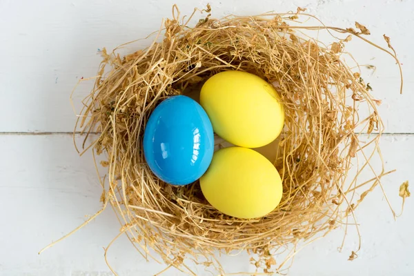 Uova colorate in nido su sfondo legno, immagine di messa a fuoco selettiva. Buona Pasqua Card - spazio per il testo — Foto Stock