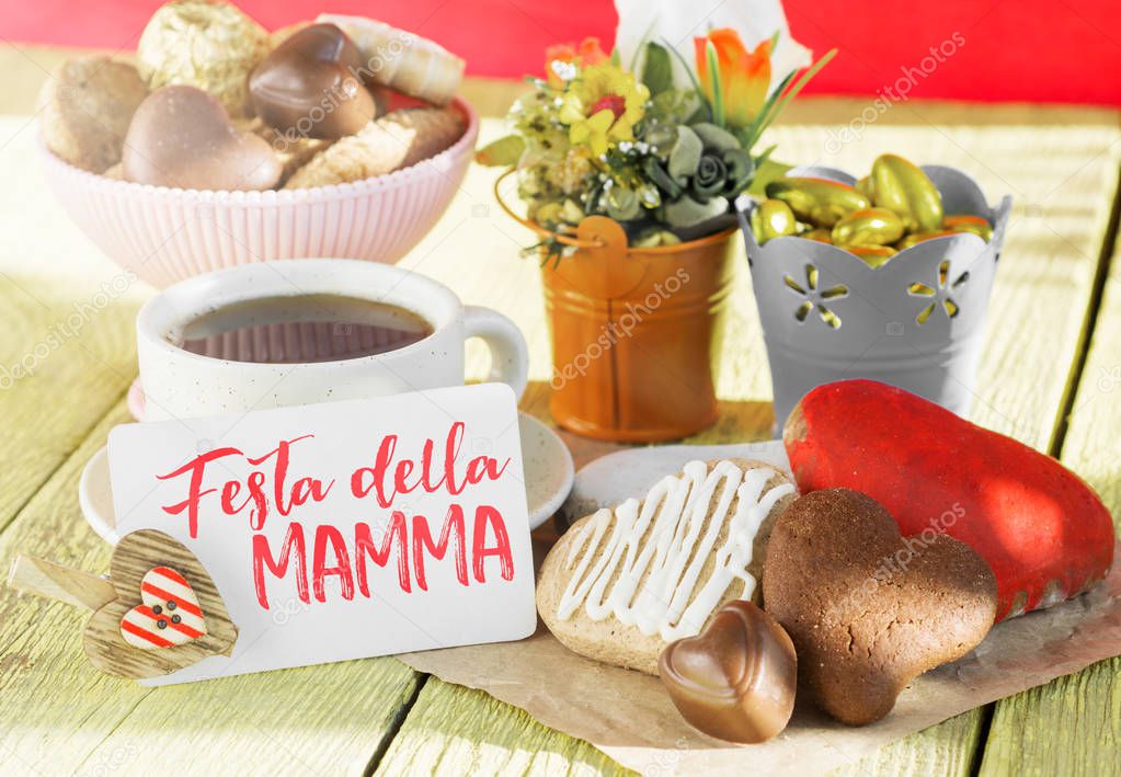 Happy Mothers day card text in italian. Festive morning breakfast. sunny filter