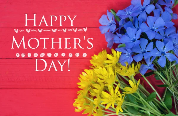 Feliz cartão de Dia da Mãe. buquê de flores no fundo de madeira vermelho — Fotografia de Stock