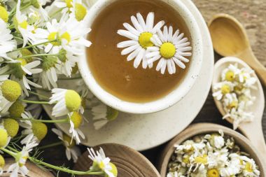 Papatya kuru çiçekleri, kurutulmuş papatya çiçekleri ile bitkisel papatya çayı fincan. Doktor tedavi ve Önleme kavramının bağışıklık, tıp - halk, alternatif, tamamlayıcı, geleneksel tıp