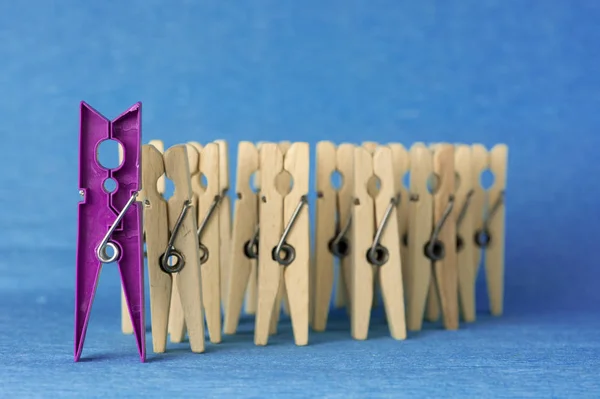 Bunte Wäscheklammer gegen gewöhnliche Wäscheklammer abstrakte Vision sein anders, einzigartige Persönlichkeit oder sich von der Masse abheben, Führungsqualität. schöne Stillleben Hintergrund — Stockfoto