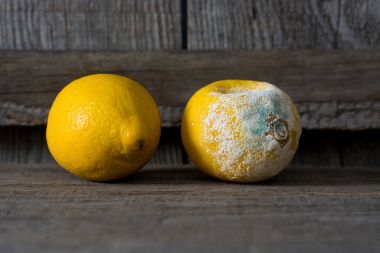 Taze ve çürük limon. kalıp tahta arka plan ile meyve