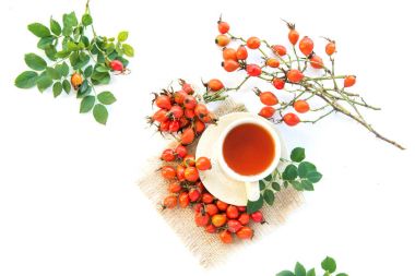 köpek rose hips ve beyaz arka plan üzerinde bitki çayı 