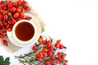 köpek rose hips ve beyaz arka plan üzerinde bitki çayı