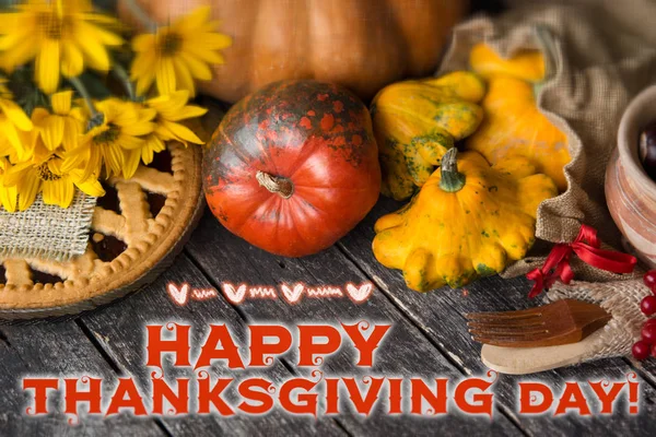 Thanksgiving day concept - traditional holiday food with pumpkins on old wooden. space for text — Stock Photo, Image