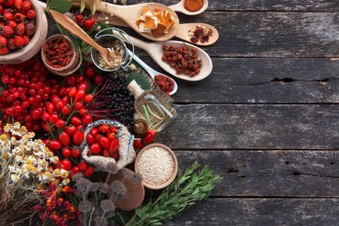Şifalı bitkiler ve otlar kompozisyon: köpek rose, grup şube kuşburnu, Rosa canina kalça, uçucu yağ türleri. bir grup, ıhlamur ve papatya elderberries ve goji meyveleri kuru çiçekler. 