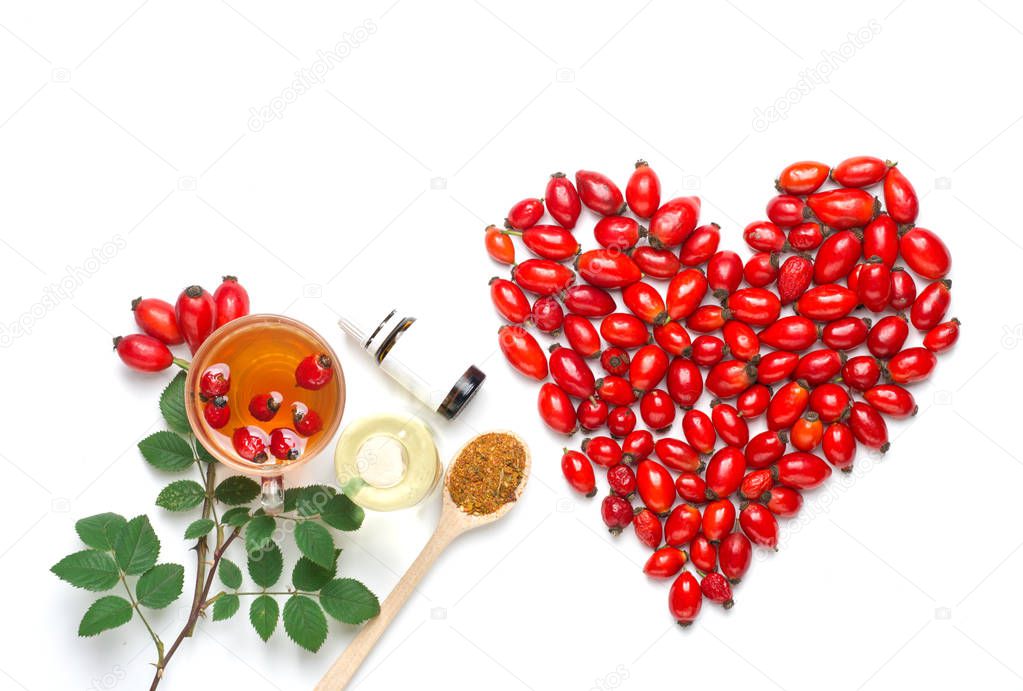 Medicinal plants and herbs composition: Dog rose, bunch branch Rosehips, types Rosa canina hips, essential oil. bunch, Tea with rosehip 