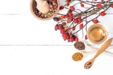 Şifalı bitkiler ve otlar kompozisyon: kuru köpek rose, şube kuşburnu canina demet