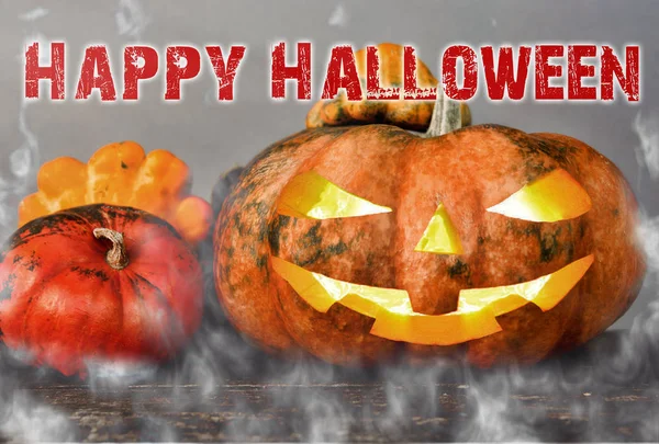 Feliz Halloween calabaza cabeza jack linterna tarjeta en estilo popart —  Fotos de Stock