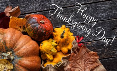 Mutlu Şükran günü kavramı - kabaklar eski ahşap ile geleneksel tatil yiyecek.