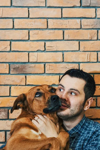 Onun Güzel Altın Kırmızı Köpek Sarılma Adam Portresi — Stok fotoğraf