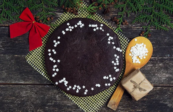 Chocolate Pie Tasty Holiday Gingerbread Cookies Wooden Table Merry Christmas — Stock Photo, Image