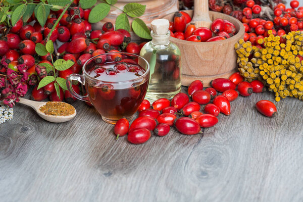 Medicinal plants and herbs composition: Dog rose, bunch branch Rosehips, types Rosa canina hips, essential oil. bunch, Tea with rosehip, Tansy, Anise, dried flowers of linden and chamomile
