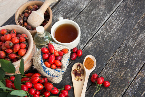 cup of herbal Dog rose tea with bunch branch Rosehips, types Rosa canina hips, essential oil. Medicinal plants and herbs composition 