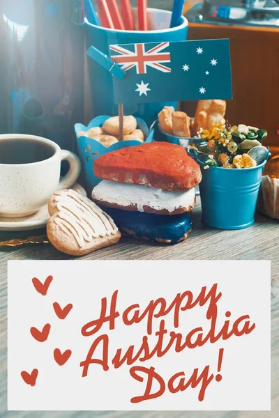 在1月26日庆祝澳大利亚国庆假期 愉快的澳洲天消息问候卡片 爱国早餐 — 图库照片