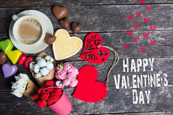 Gelukkige Valentijnskaart Koekjes Met Hart Vorm Houten Achtergrond Lege Ruimte — Stockfoto