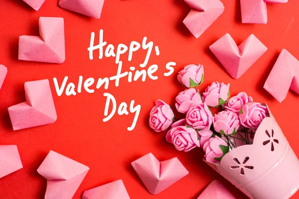 Happy Valentine Day Card Pink Roses Paper Hearts Red Background — Stock Photo, Image
