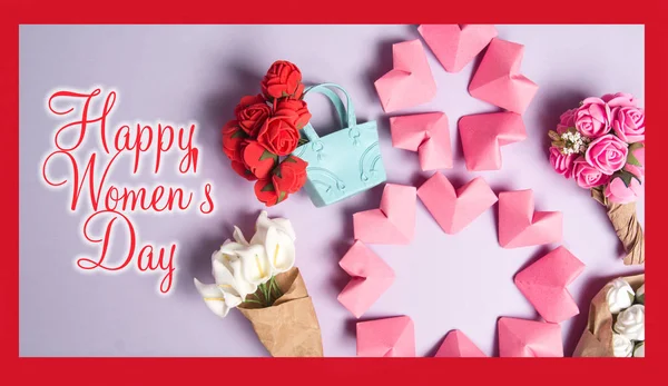 Feliz Día Internacional Mujer Celebrar Marzo Tarjeta Felicitación Rosa Color — Foto de Stock