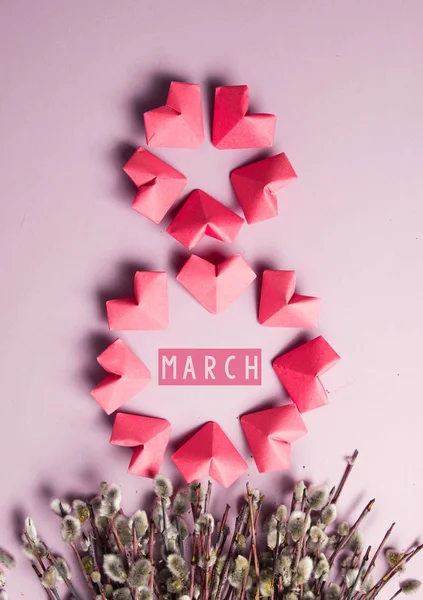 Glückliche Internationale Frauentag Feiern März Glückwunschkarte Rosafarbene Papierherzen Formen Figur — Stockfoto