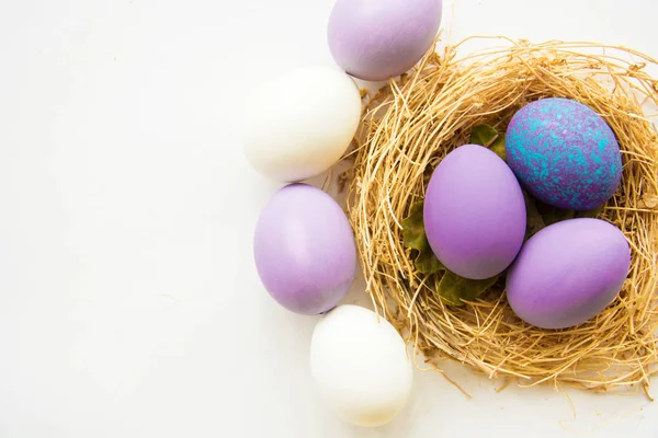 Uova Pasqua Colore Viola Nel Nido Sfondo Legno Immagine Messa — Foto Stock