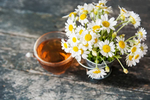 Xícara Chá Camomila Ervas Com Flores Frescas Margarida Fundo Madeira — Fotografia de Stock