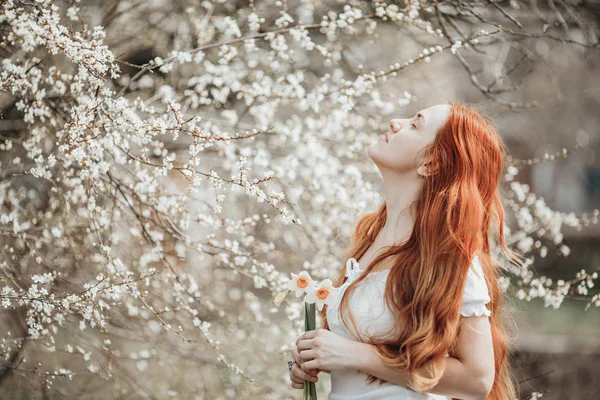 Chica jengibre huele flores de primavera cerca del árbol en flor . — Foto de Stock