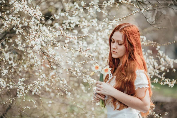 Chica jengibre huele flores de primavera cerca del árbol en flor . — Foto de Stock