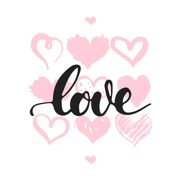 Love - hand drawn lettering phrase isolated on the white background with hearts. Fun brush ink inscription for Valentines Day photo overlays, greeting card, poster design. — Stock Vector