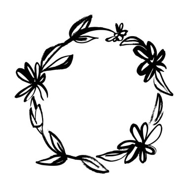 Elle çizilmiş kroki çelenk çiçek ve yaprakları. Gösterim amacıyla tebrik kartı, davetiye vb..