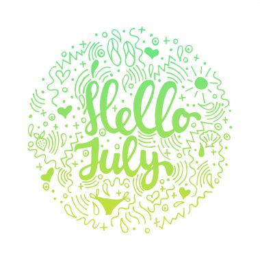 Merhaba, Temmuz - el çekilmiş yaz daire renkli yazı alıntı beyaz arka plan üzerinde izole. Eğlenceli fırça mürekkep yazıt fotoğraf bindirmeleri, tebrik kartı veya t-shirt baskı, poster tasarımı.