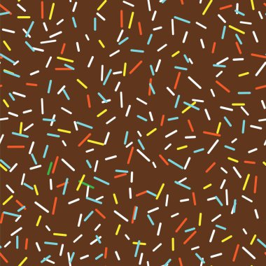 Dikişsiz desen kahverengi parlak lezzetli vektör donuts sprinkles arka planda karikatür tarzı kafe ve dükkan menüsü için.