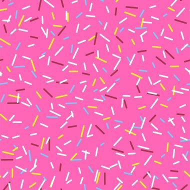 Dikişsiz desen parlak pembe lezzetli vektör donuts sprinkles arka planda karikatür tarzı kafe ve dükkan menüsü için.