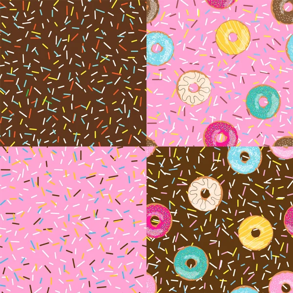 Set of seamless pattern bright tasty vector donuts and sprinkles background in cartoon style for menu in cafe and shop. — Stock Vector