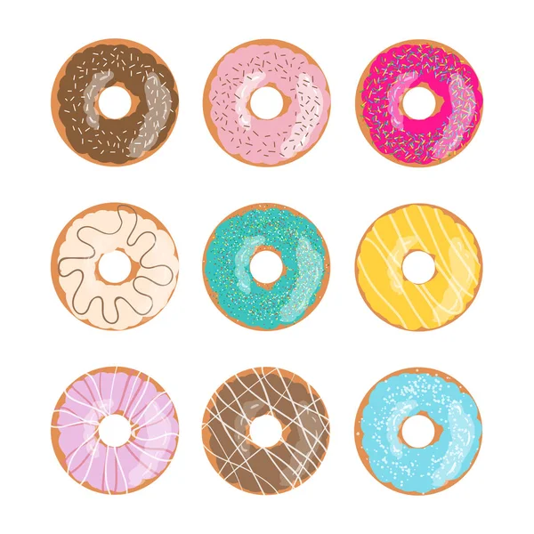 Set of nine glazed donuts in different colors isolated on the white background. — Stock Vector