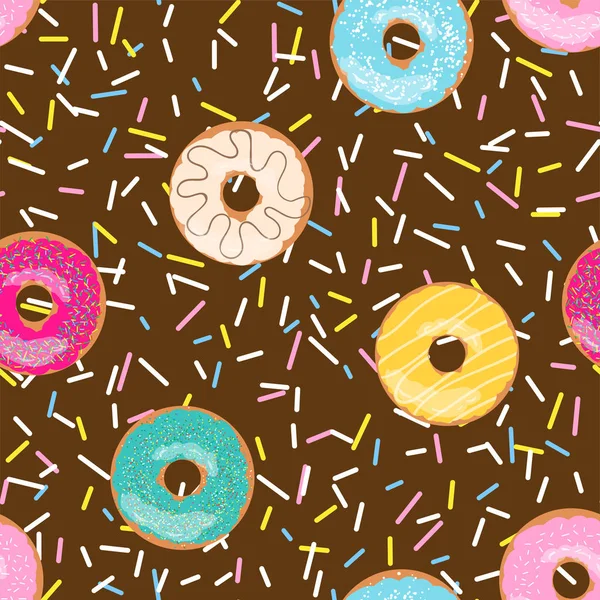 Seamless pattern brown bright tasty vector donuts and sprinkles background in cartoon style for menu in cafe and shop. — Stock Vector