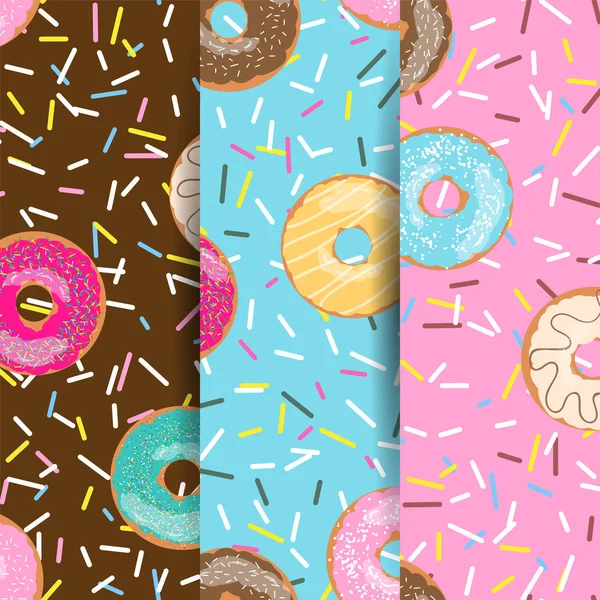 Set of seamless pattern bright tasty vector donuts and sprinkles background in cartoon style for menu in cafe and shop. — Stock Vector