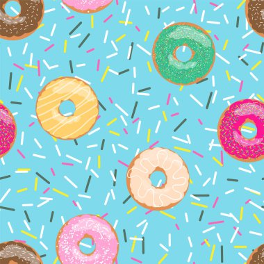 Seamless modeli mavi parlak lezzetli vektör donuts ve şeker arka planda karikatür tarzı kafe ve dükkan menüsü için.