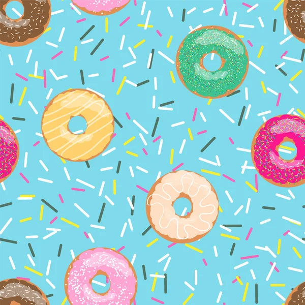 Seamless pattern blue bright tasty vector donuts and sprinkles background in cartoon style for menu in cafe and shop. — Stock Vector