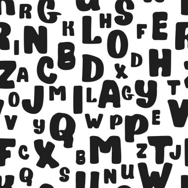 El çekilmiş siyah beyaz alfabe harfleri seamless modeli. Mürekkep kroki doku ve arka plan.