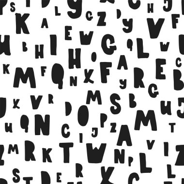 Elle çizilmiş alfabe tek renkli siyah ve beyaz harfler seamless modeli. Mürekkep kroki doku ve arka plan.