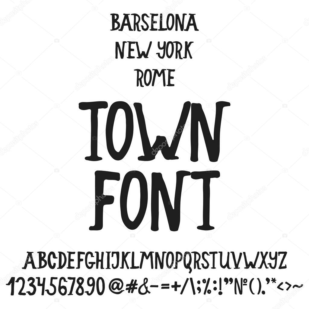 Hand drawn english lettering Town alphabet with examples of this font. Modern ink brush handwritten letters isolated on the white background.