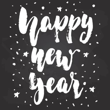 Mutlu yeni yıl - Noel kış çizilmiş El Siyah Kara tahta arka plan üzerinde izole alıntı yazı tatil. Eğlenceli fırça mürekkep yazıt tebrik kartı veya afiş tasarımı için