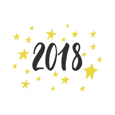 2018 - beyaz arka planda yıldızlarla izole elle çizilmiş yazı. Eğlenceli fırça mürekkep yazıt tebrik kartı veya afiş tasarımı için.
