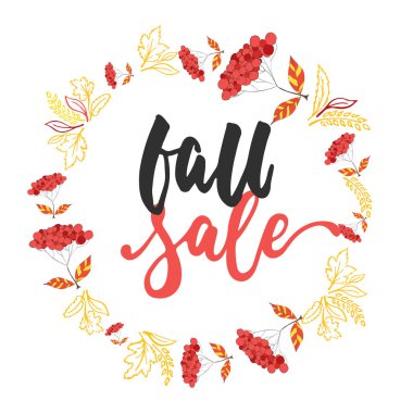 Sonbahar sonbahar satış - elle çizilmiş latin harflerle çelenk beyaz arka plan üzerinde izole yaprakları gelen teklifle. Eğlenceli fırça mürekkep yazıt tebrik kartı veya afiş tasarımı için.