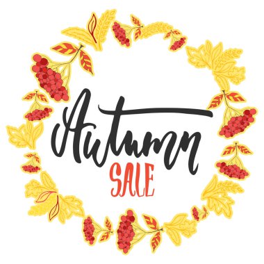 Sonbahar sonbahar satış - elle çizilmiş latin harflerle çelenk beyaz arka plan üzerinde izole yaprakları gelen teklifle. Eğlenceli fırça mürekkep yazıt tebrik kartı veya afiş tasarımı için.